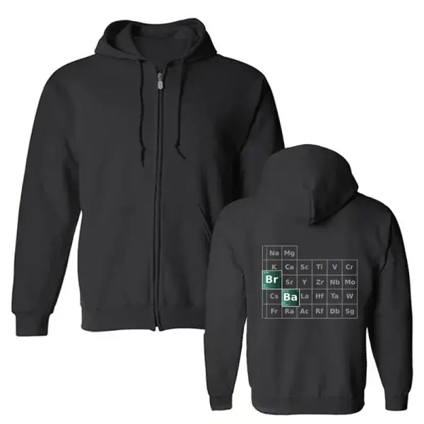Reißverschluss-Kapuzenjacke inspiriert von Breaking Bad, mit Design des Periodensystems. Perfekt für Fans der Serie und Geek-Dekoration.