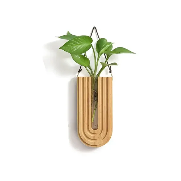 Moderner Blumenhalter aus Holz mit grüner Pflanze, dekoratives Wandaccessoire für Natur- und Wissenschaftsliebhaber.