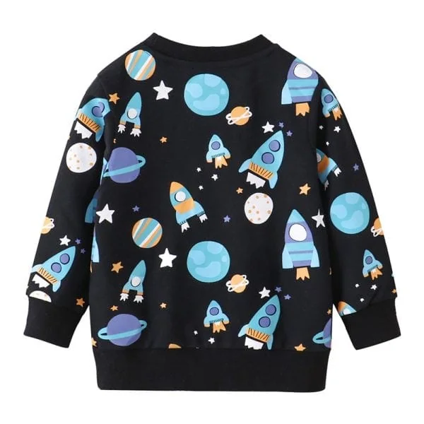 Kinderjacke mit Weltraummotiv, Planeten und Raketen.
