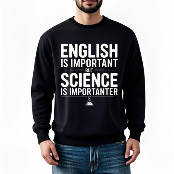 Schwarzer Pullover mit weißem Druck, der den Vergleich zwischen Englisch und Wissenschaft humorvoll darstellt.