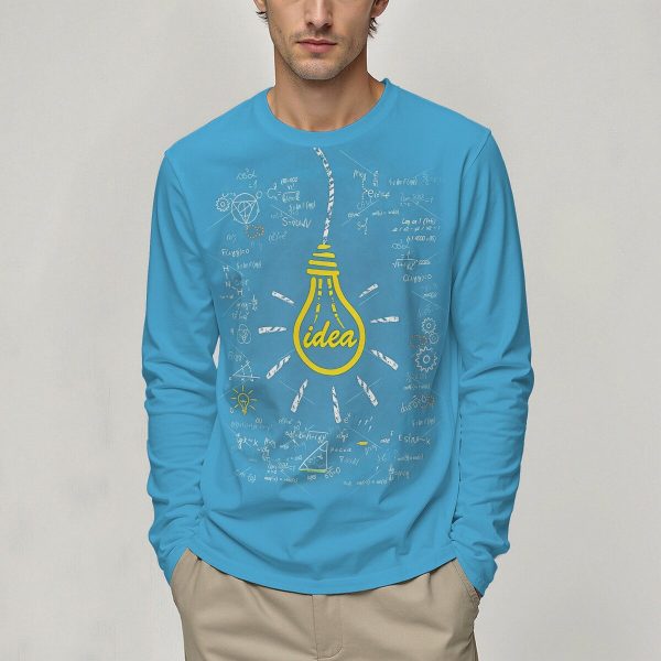 Moderner blauer Pullover mit wissenschaftlichem Motiv, das eine Glühbirne mit dem Wort "idea" zeigt, umgeben von Formeln und Diagrammen, ideal für Wissenschafts- und Technikliebhaber.