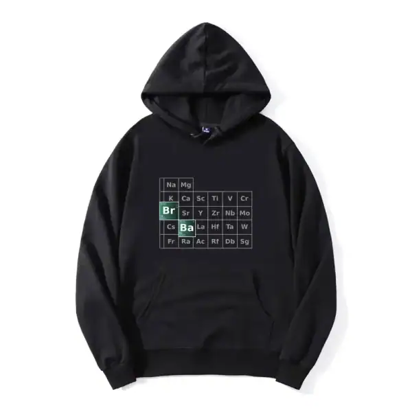 Schwarzer Hoodie mit stilvollem Periodensystem-Design, ideal für Wissenschafts- und Chemie-Enthusiasten, bequem und modisch.