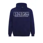 Dunkelblauer Hoodie mit wissenschaftlichem Humor-Design, das die chemischen Symbole für Sulfur, Argon, Calcium und Samarium zeigt, mit dem Text "Primary Elements of Humor".