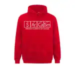 Roter Hoodie mit chemischem Elementar-Design, das die Elemente Sulfur, Argon, Calcium und Selen zeigt, mit dem Text "Primary Elements of Humor".