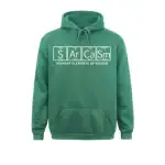 Grüner Hoodie mit wissenschaftlichem Element-Design, das die Elemente Sulfur, Argon, Calcium und Samarium zeigt, mit dem Text "Primary Elements of Humor".