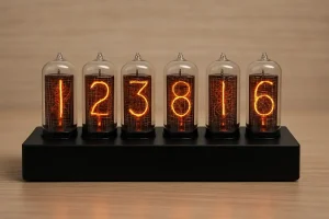 Vintage Nixie-Röhren-Ziffern-Display mit sechs leuchtenden Zahlen auf schwarzem Sockel, ideal für wissenschaftliche Dekorationen und Retro-Technik.