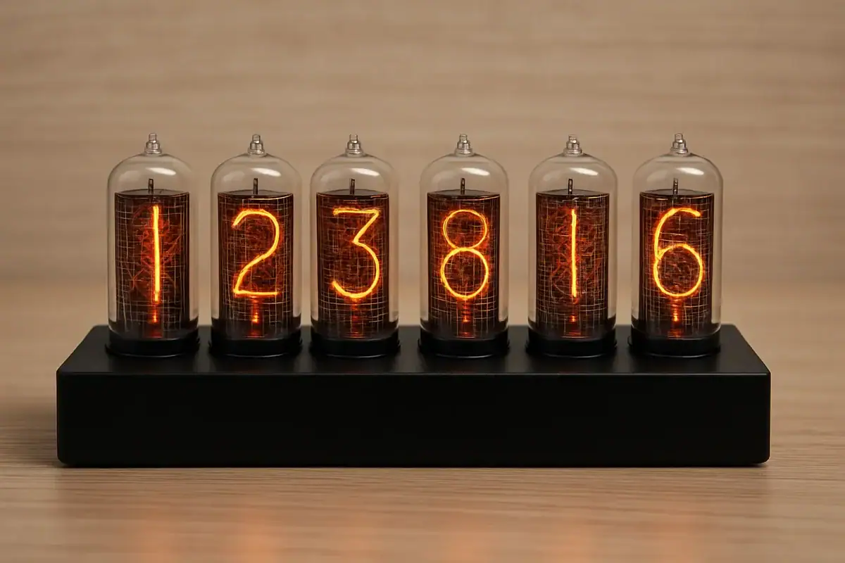 Vintage Nixie-Röhren-Ziffern-Display mit sechs leuchtenden Zahlen auf schwarzem Sockel, ideal für wissenschaftliche Dekorationen und Retro-Technik.